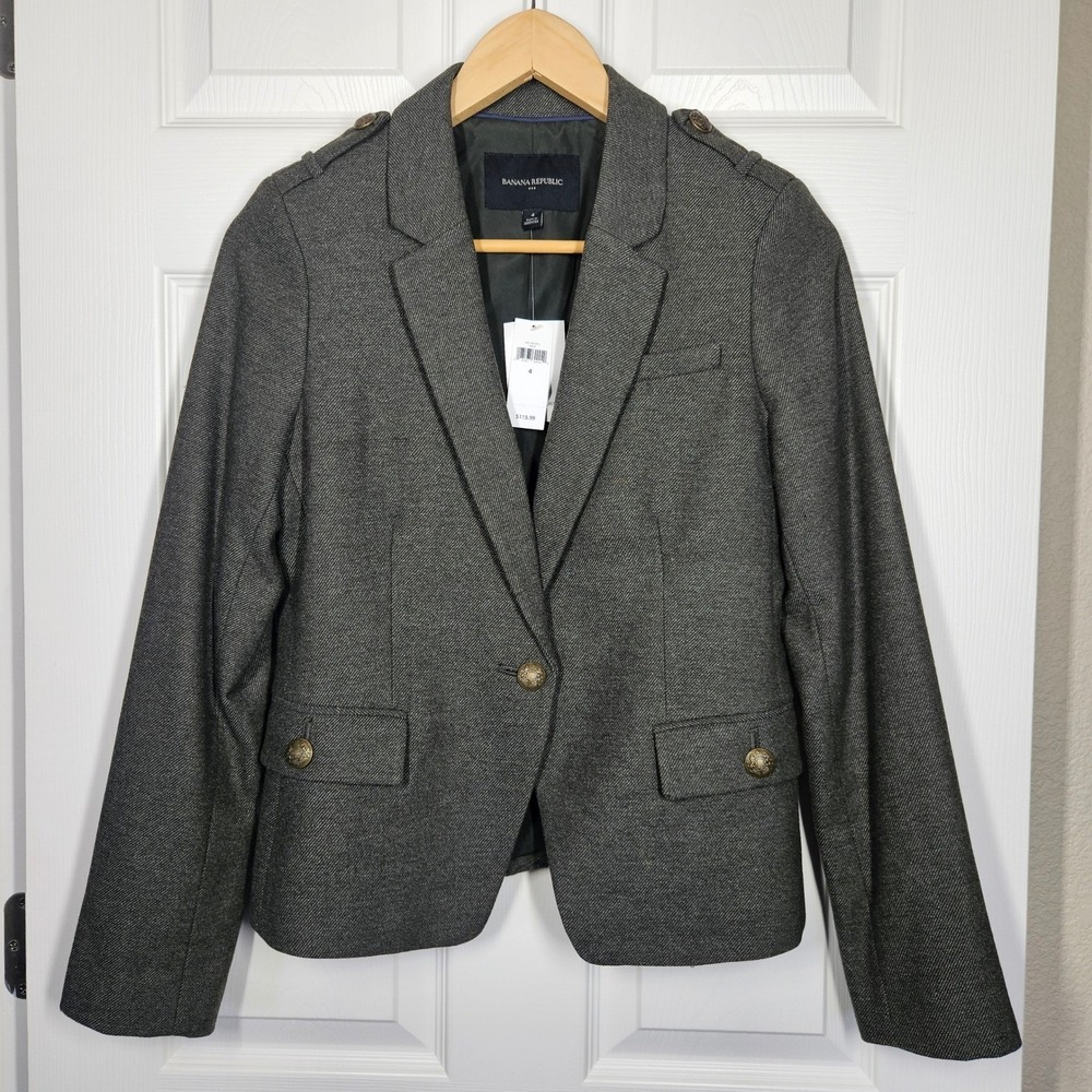 Banana Republic Womens Gray Wool Blend Military Equestrian Blazer Jacket 4 NWT